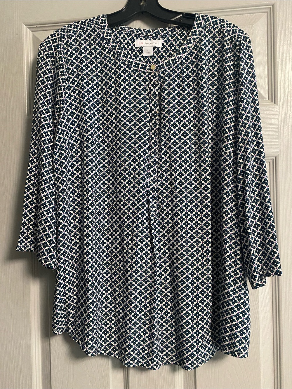 Liz Claiborne Navy and White Geometric Button-Front Tunic Size Large